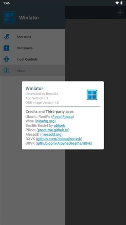 Winlator application about menu showing app version info, developer credits for BrunoSX, and third-party app links like Wine and Box86