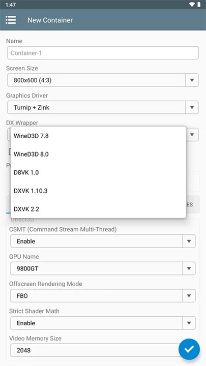 Selecting a DX Wrapper dropdown menu inside Winlator featuring options for WineD3D, D8VK, and DXVK versions for mobile gaming optimization