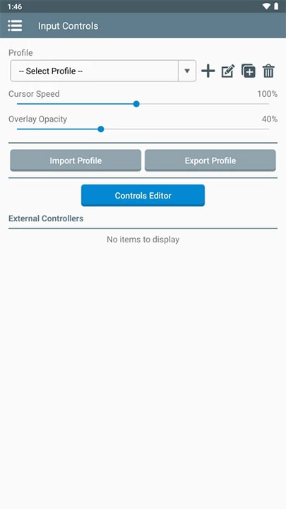 Winlator APK input controls menu showing configuration profiles, cursor speed adjustments, and overlay opacity settings on Android
