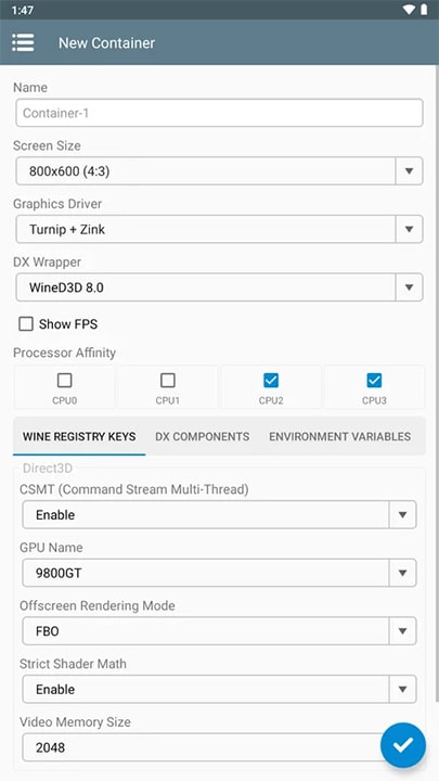 Creating a new container in Winlator settings menu with screen size options, Turnip graphics driver, and Wine registry keys configuration